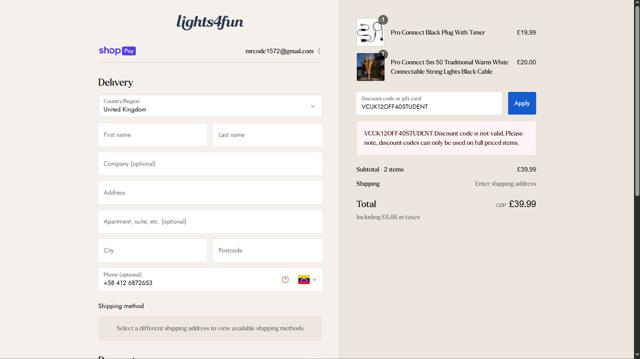 Lights4fun checkout page showing Lights4fun promo code box | Screenshot taken by SimplyCodes community member on Aug 16, 2025