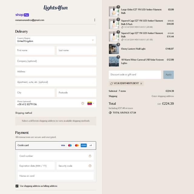 Lights4fun checkout page showing Lights4fun promo code box | Screenshot taken by SimplyCodes community member on Jul 3, 2025