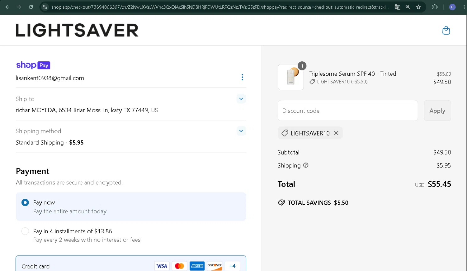 Lightsaver Skin promo code screenshot showing code LIGHTSAVER10 applied at Lightsaver Skin checkout page. Uploaded by SimplyCodes community member CoinPilot9113 on Jun 14, 2025