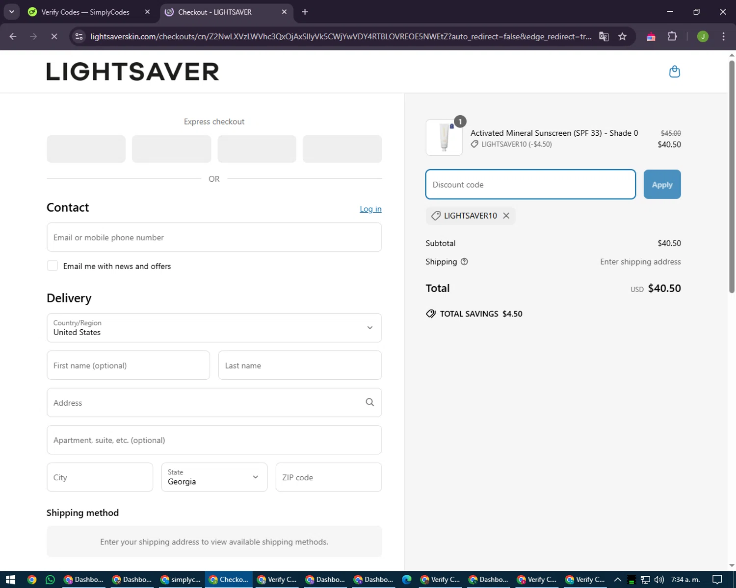 Lightsaver Skin promo code screenshot showing code LIGHTSAVER10 applied at Lightsaver Skin checkout page. Uploaded by SimplyCodes community member LilBaby on Apr 5, 2025