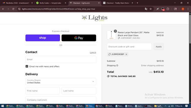 Lights.com checkout page showing Lights.com promo code box | Screenshot taken by SimplyCodes community member on Sep 6, 2025