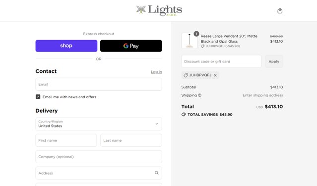 Lights.com checkout page showing Lights.com promo code box | Screenshot taken by SimplyCodes community member on Sep 6, 2025