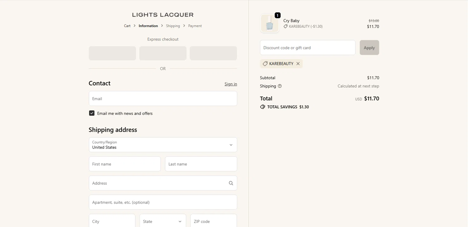 Lights Lacquer promo code screenshot showing code KAREBEAUTY applied at Lights Lacquer checkout page. Uploaded by SimplyCodes community member MagnifiHero3476 on Jan 11, 2026