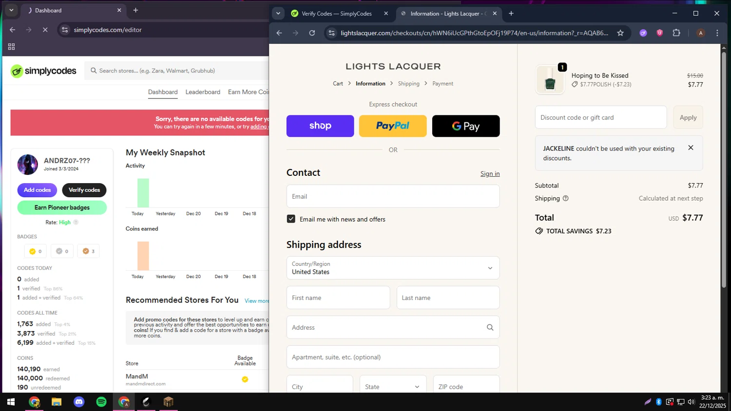 Lights Lacquer promo code screenshot showing code JACKELINE applied at Lights Lacquer checkout page. Uploaded by SimplyCodes community member andressssssa on Dec 22, 2025