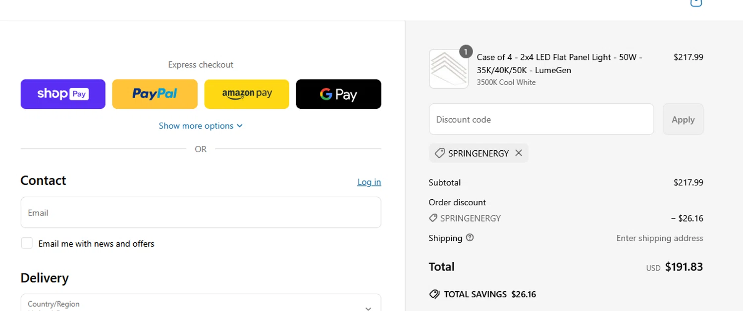Lightup.com coupon code screenshot showing code SPRINGENERGY applied at Lightup.com checkout page. Uploaded by SimplyCodes community member CRYSTALSUICINE on May 28, 2025