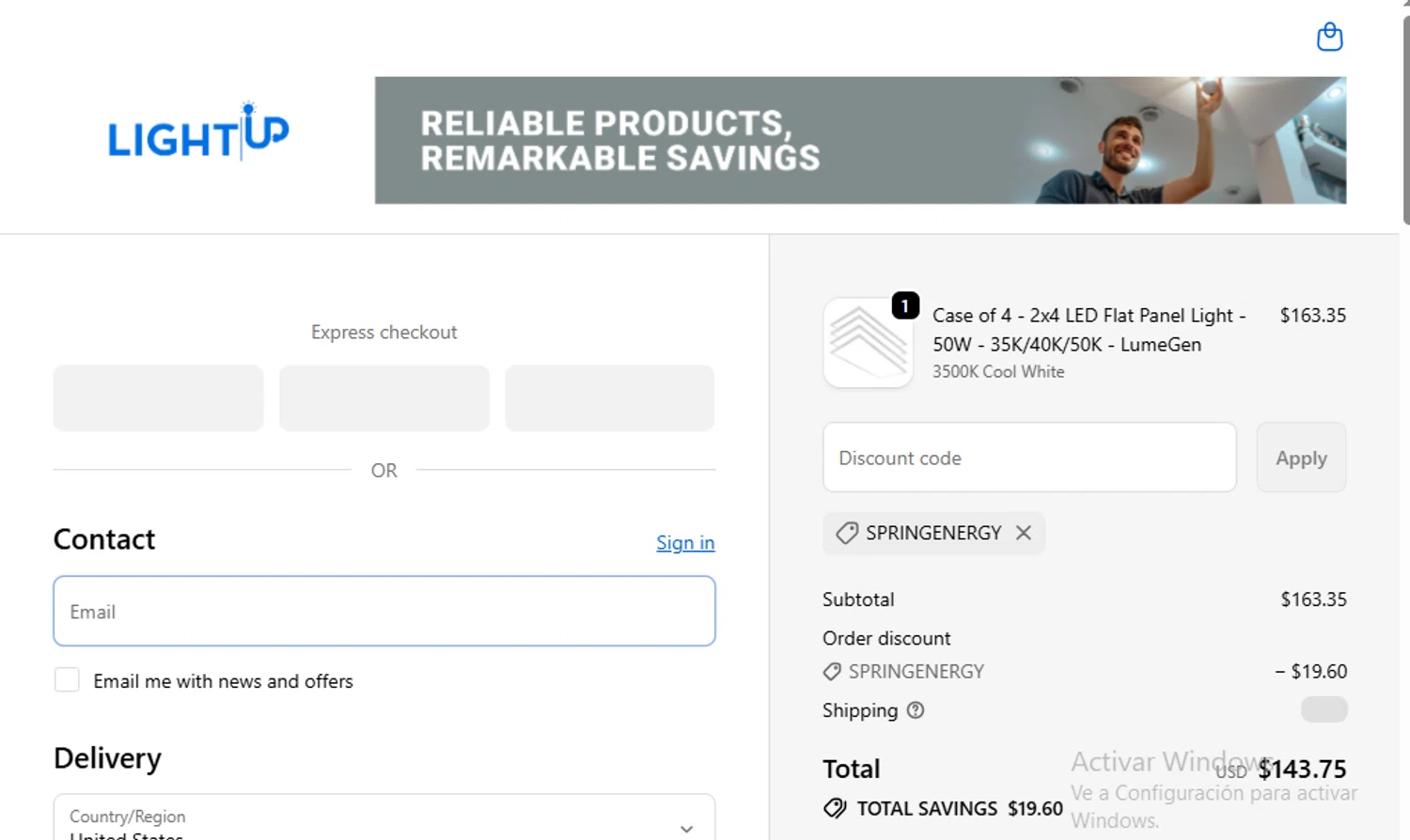 Lightup.com coupon code screenshot showing code SPRINGENERGY applied at Lightup.com checkout page. Uploaded by SimplyCodes community member delvisgomez on Oct 15, 2025