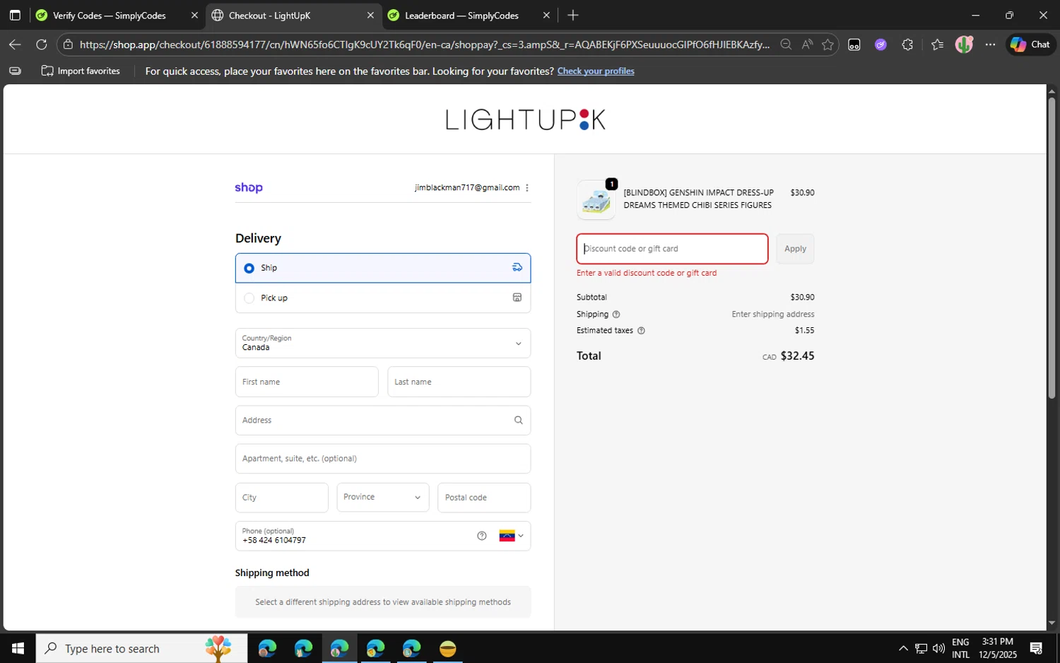 LightUpK discount code screenshot showing code NDLESS applied at LightUpK checkout page. Uploaded by SimplyCodes community member Jvllsk1 on Dec 5, 2025
