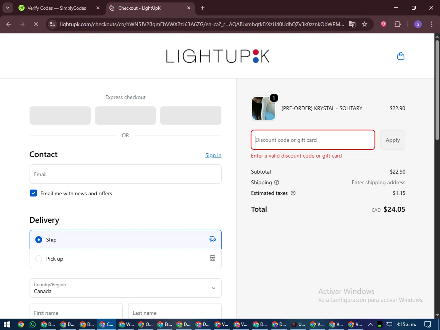 LightUpK discount code screenshot showing code BIGDEAL15 applied at LightUpK checkout page. Uploaded by SimplyCodes community member LuckyVoyager688 on Nov 15, 2025