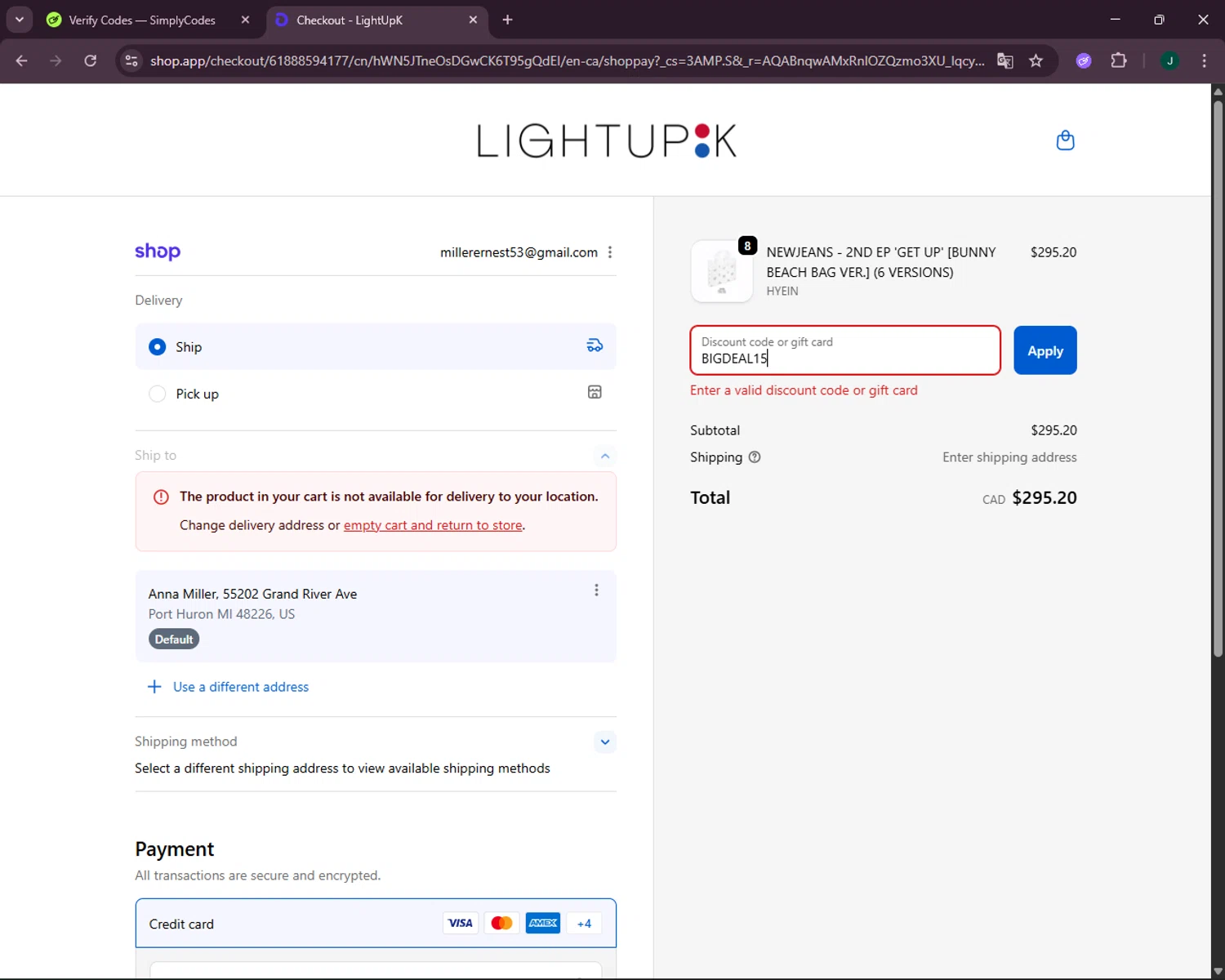 LightUpK discount code screenshot showing code BIGDEAL15 applied at LightUpK checkout page. Uploaded by SimplyCodes community member VictoriousOwl2774 on Nov 15, 2025