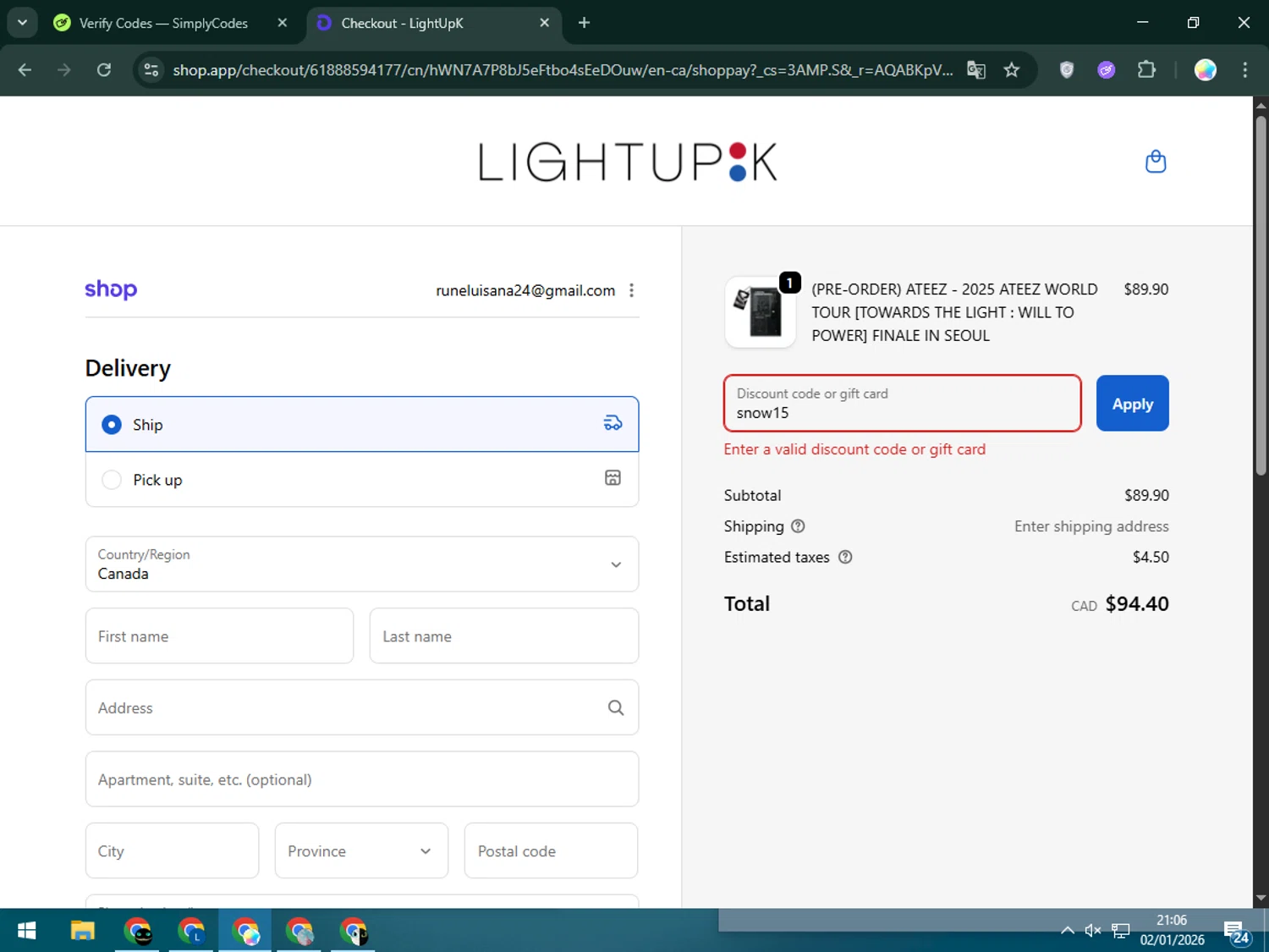 LightUpK discount code screenshot showing code snow15 applied at LightUpK checkout page. Uploaded by SimplyCodes community member Estrellitacoairis on Jan 3, 2026