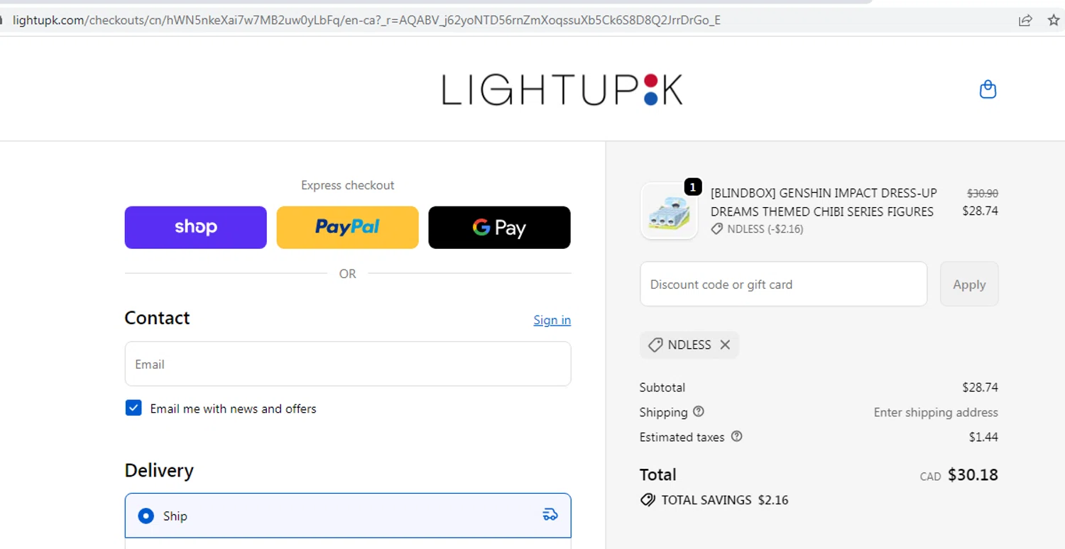 LightUpK discount code screenshot showing code NDLESS applied at LightUpK checkout page. Uploaded by SimplyCodes community member EMILIANOMASABE on Nov 28, 2025