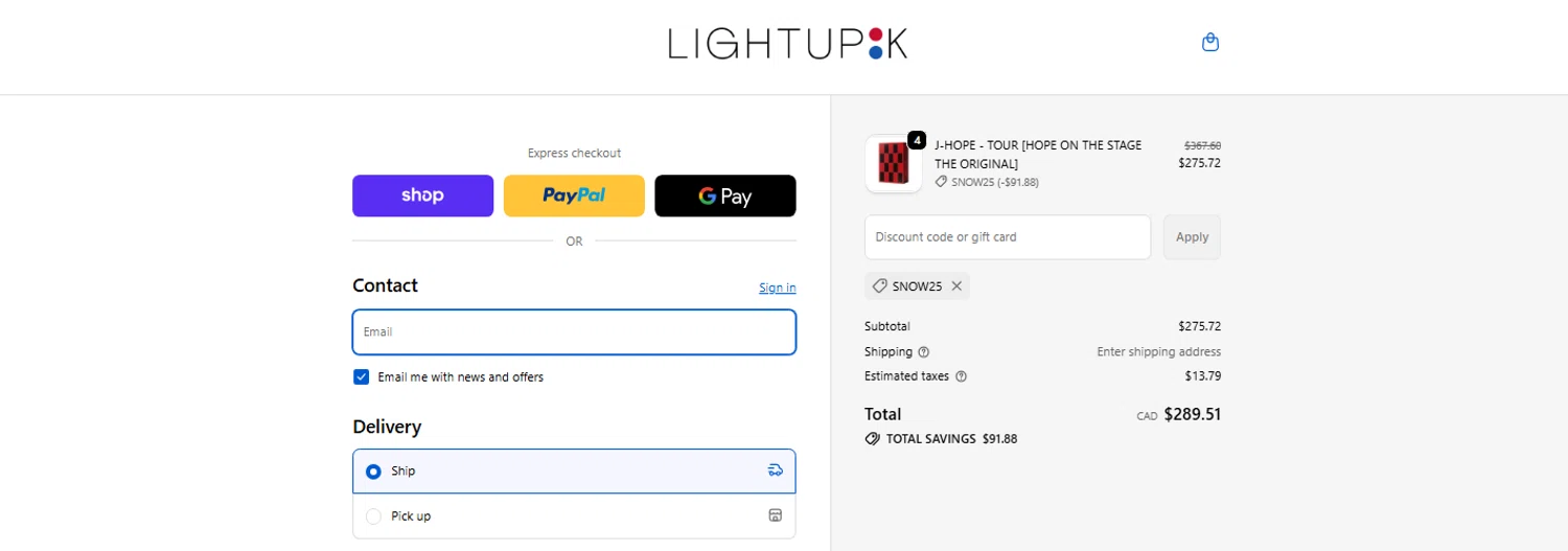 LightUpK discount code screenshot showing code SNOW25 applied at LightUpK checkout page. Uploaded by SimplyCodes community member OnlywM on Dec 29, 2025