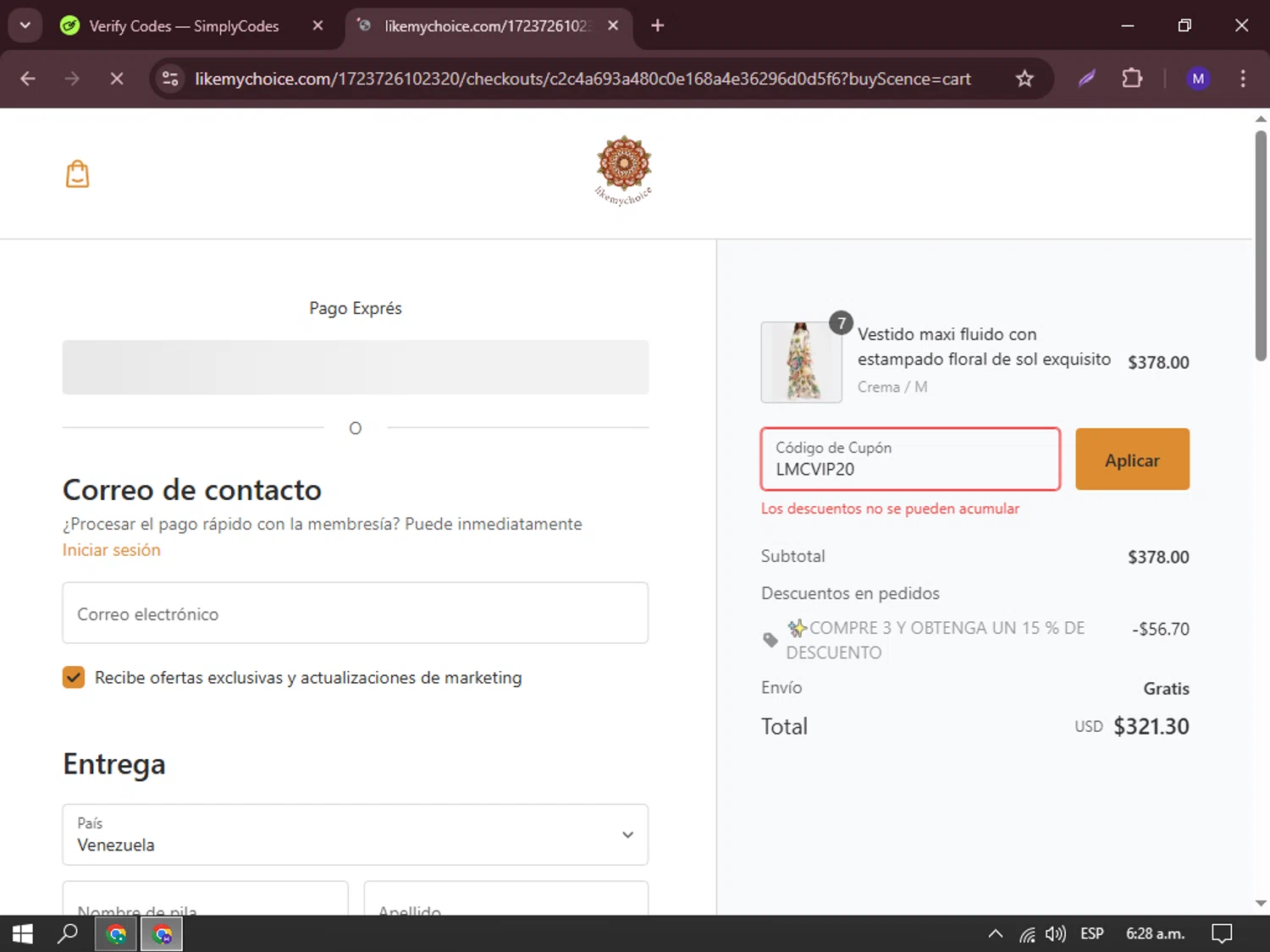 Like My Choice discount code screenshot showing code LMCVIP20 applied at Like My Choice checkout page. Uploaded by SimplyCodes community member simplyyycodeess on Mar 31, 2025