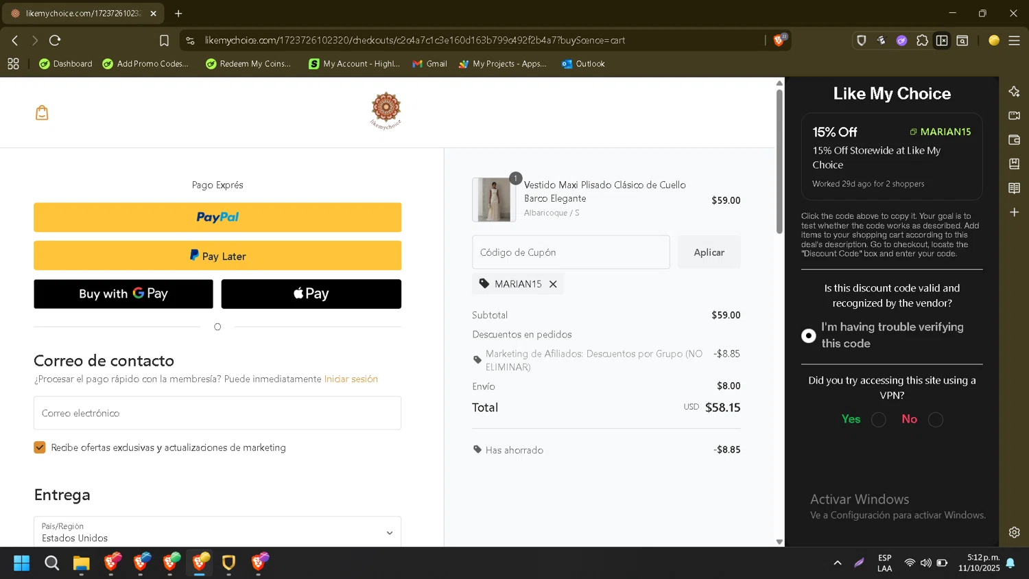 Like My Choice discount code screenshot showing code MARIAN15 applied at Like My Choice checkout page. Uploaded by SimplyCodes community member CleverMonarch8868 on Oct 11, 2025