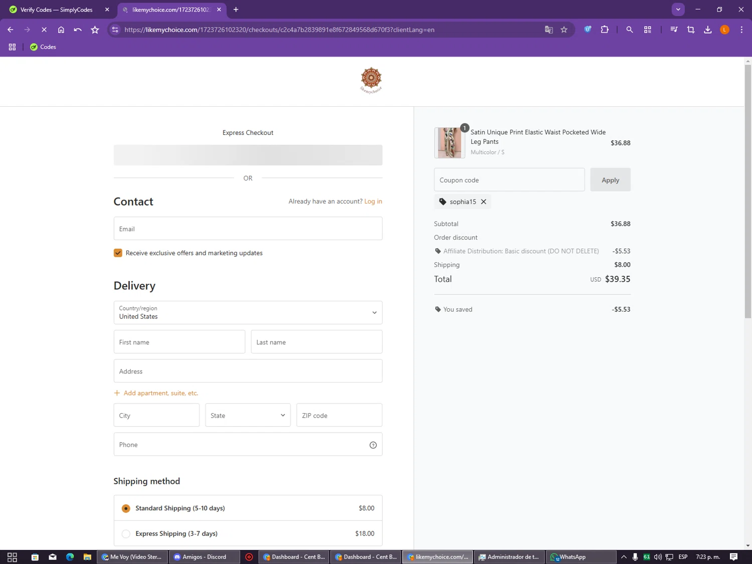 Like My Choice discount code screenshot showing code SOPHIA15 applied at Like My Choice checkout page. Uploaded by SimplyCodes community member CleverCollector2986 on Aug 14, 2025