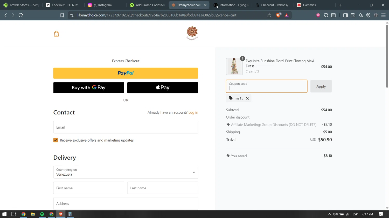 Like My Choice discount code screenshot showing code MA15 applied at Like My Choice checkout page. Uploaded by SimplyCodes community member becomeaware on Aug 14, 2025