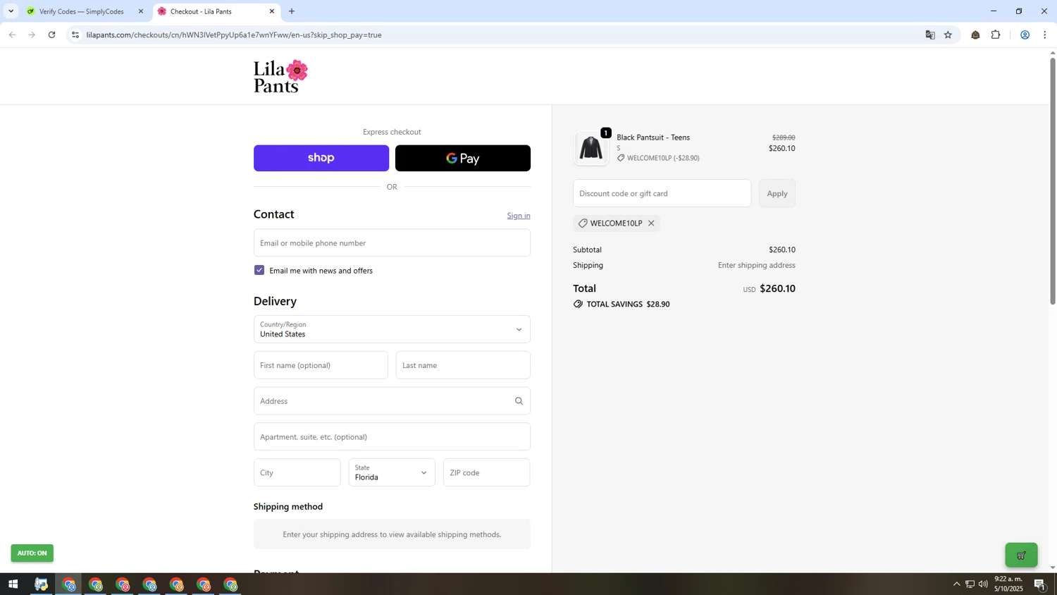 LilaPants promo code screenshot showing code WELCOME10LP applied at LilaPants checkout page. Uploaded by SimplyCodes community member MRYORMAN on Oct 5, 2025