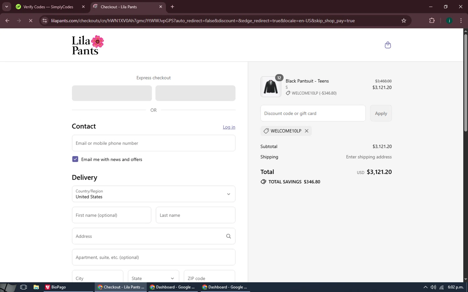 LilaPants promo code screenshot showing code WELCOME10LP applied at LilaPants checkout page. Uploaded by SimplyCodes community member MoneySpotter5416 on Aug 7, 2025