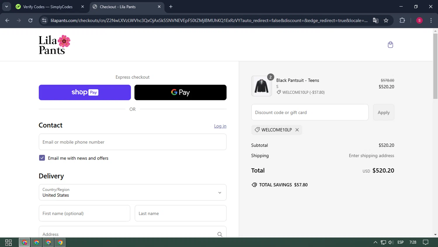 LilaPants promo code screenshot showing code WELCOME10LP applied at LilaPants checkout page. Uploaded by SimplyCodes community member ELMORADO on Mar 7, 2025
