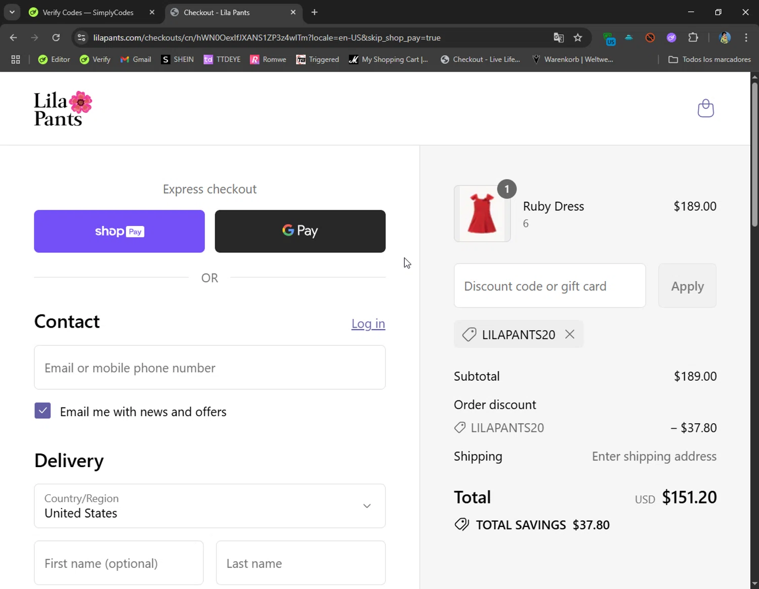 LilaPants promo code screenshot showing code LILAPANTS20 applied at LilaPants checkout page. Uploaded by SimplyCodes community member CoolMcCool on Jul 8, 2025