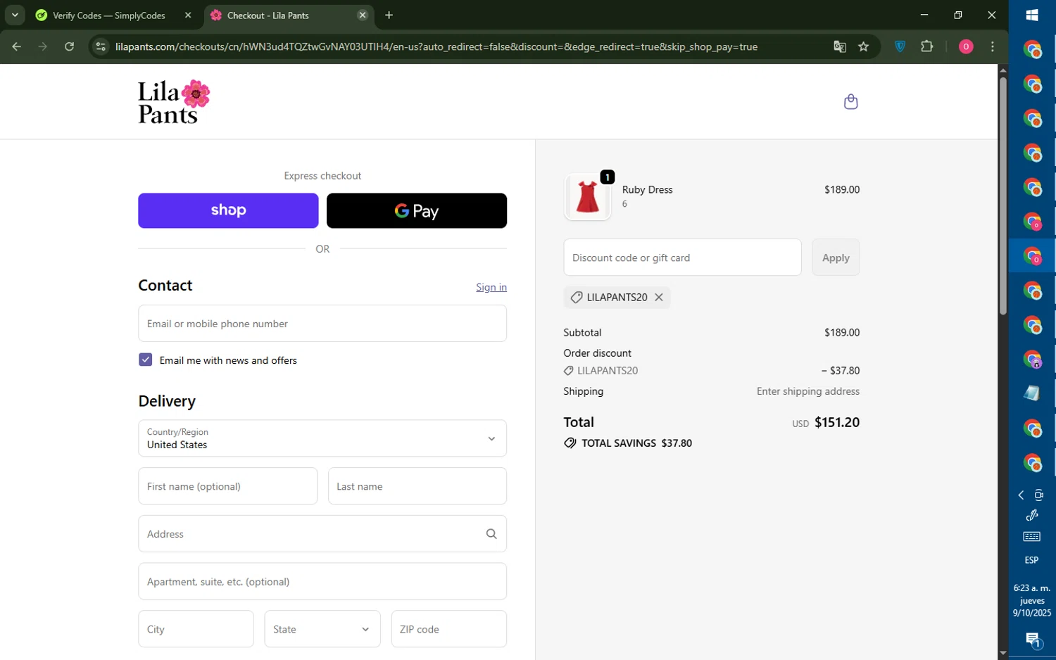 LilaPants promo code screenshot showing code LILAPANTS20 applied at LilaPants checkout page. Uploaded by SimplyCodes community member LegendaryRanger6350 on Oct 9, 2025