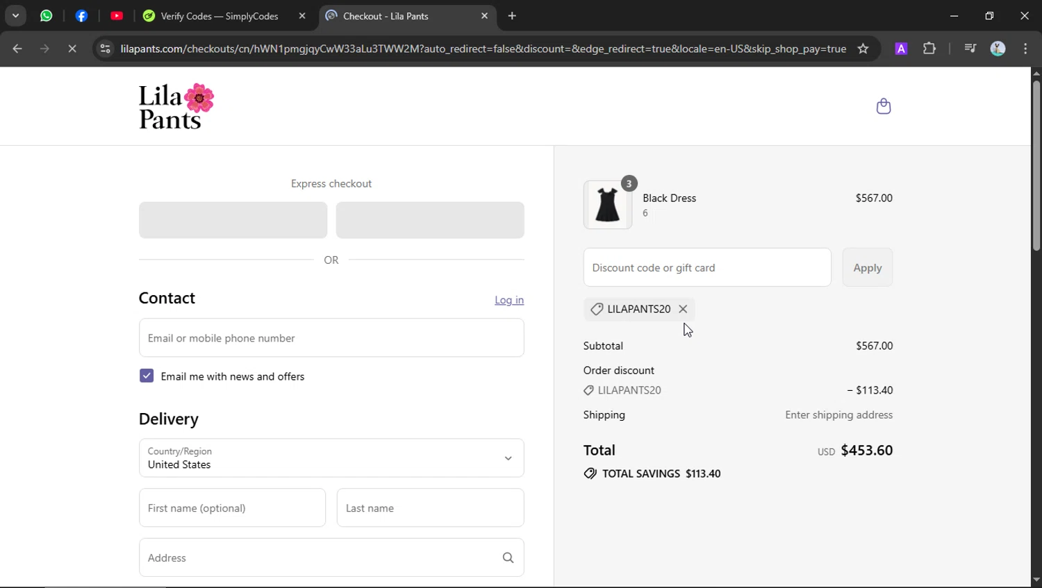 LilaPants promo code screenshot showing code LILAPANTS20 applied at LilaPants checkout page. Uploaded by SimplyCodes community member SilverSeeker255 on Aug 15, 2025