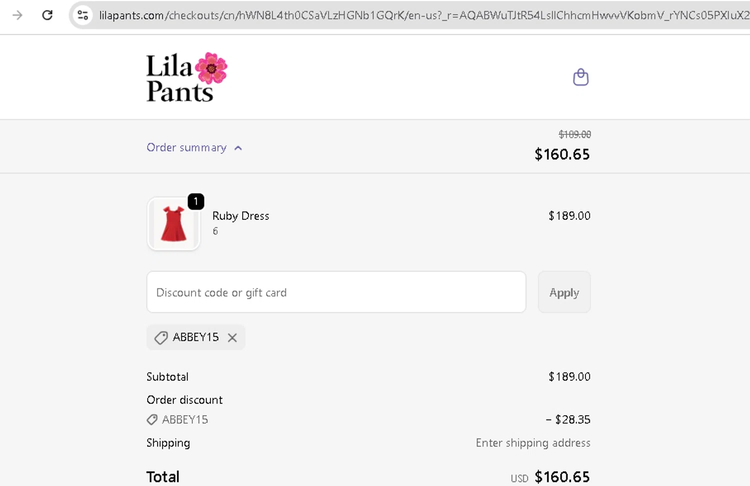 LilaPants checkout page showing LilaPants promo code box | Screenshot taken by SimplyCodes community member on Feb 3, 2026