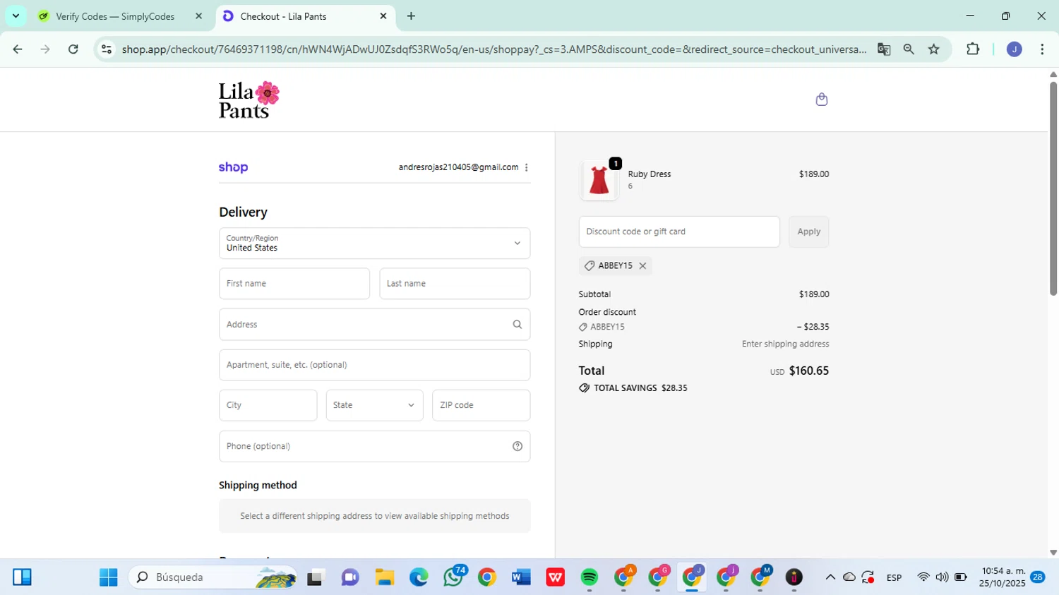 LilaPants promo code screenshot showing code ABBEY15 applied at LilaPants checkout page. Uploaded by SimplyCodes community member DiscountSleuth6807 on Oct 25, 2025