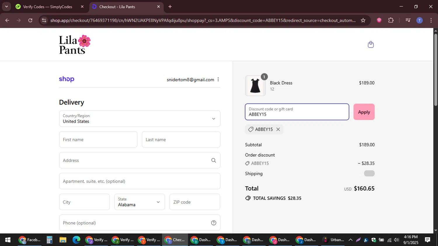 LilaPants promo code screenshot showing code ABBEY15 applied at LilaPants checkout page. Uploaded by SimplyCodes community member snidertom8 on Sep 1, 2025