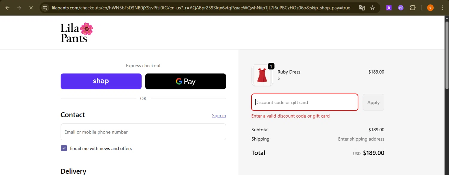 LilaPants promo code screenshot showing code PINK20 applied at LilaPants checkout page. Uploaded by SimplyCodes community member NobleElite1598 on Nov 22, 2025