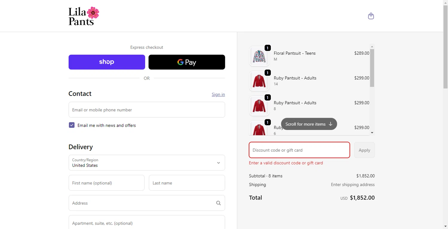 LilaPants promo code screenshot showing code SUIT25 applied at LilaPants checkout page. Uploaded by SimplyCodes community member DiscountPhoenix427 on Dec 3, 2025