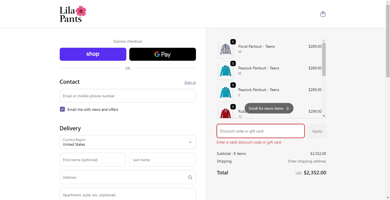 LilaPants promo code screenshot showing code SUIT25 applied at LilaPants checkout page. Uploaded by SimplyCodes community member RewardLion6202 on Dec 3, 2025