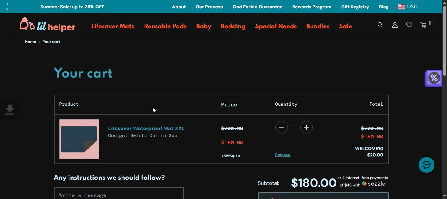 Lil Helper USA promo code screenshot showing code WELCOME10 applied at Lil Helper USA checkout page. Uploaded by SimplyCodes community member 111111 on Jul 29, 2025