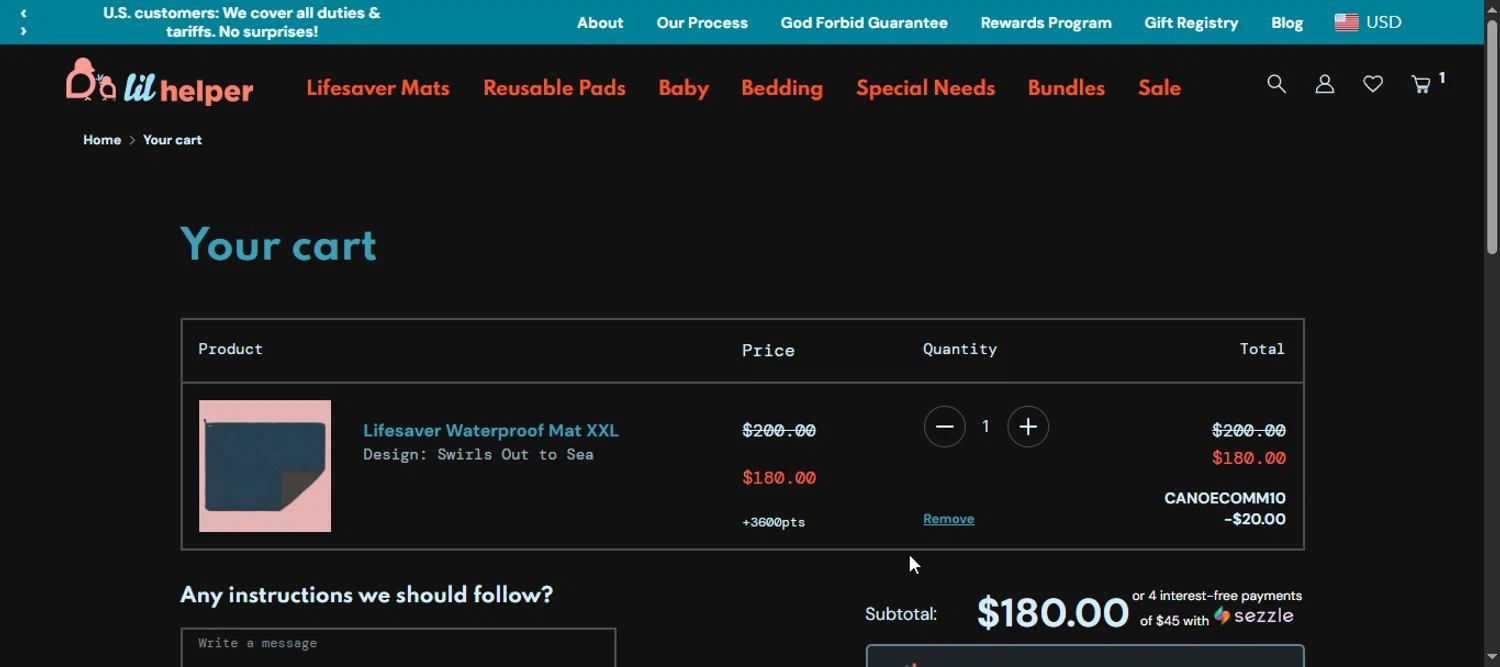 Lil Helper USA promo code screenshot showing code CANOECOMM10 applied at Lil Helper USA checkout page. Uploaded by SimplyCodes community member 111111 on Jul 25, 2025
