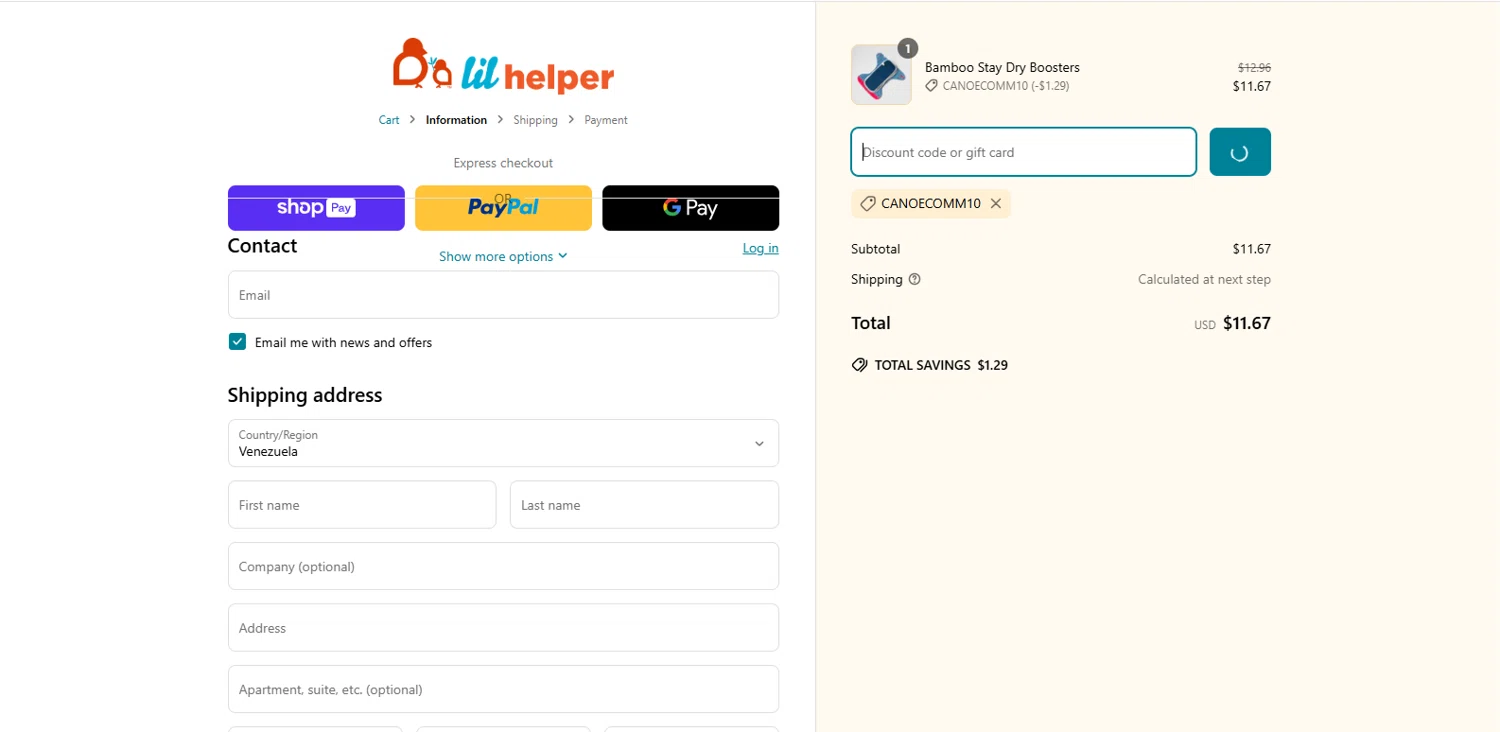 Lil Helper USA promo code screenshot showing code CANOECOMM10 applied at Lil Helper USA checkout page. Uploaded by SimplyCodes community member dimitriv on Mar 29, 2025