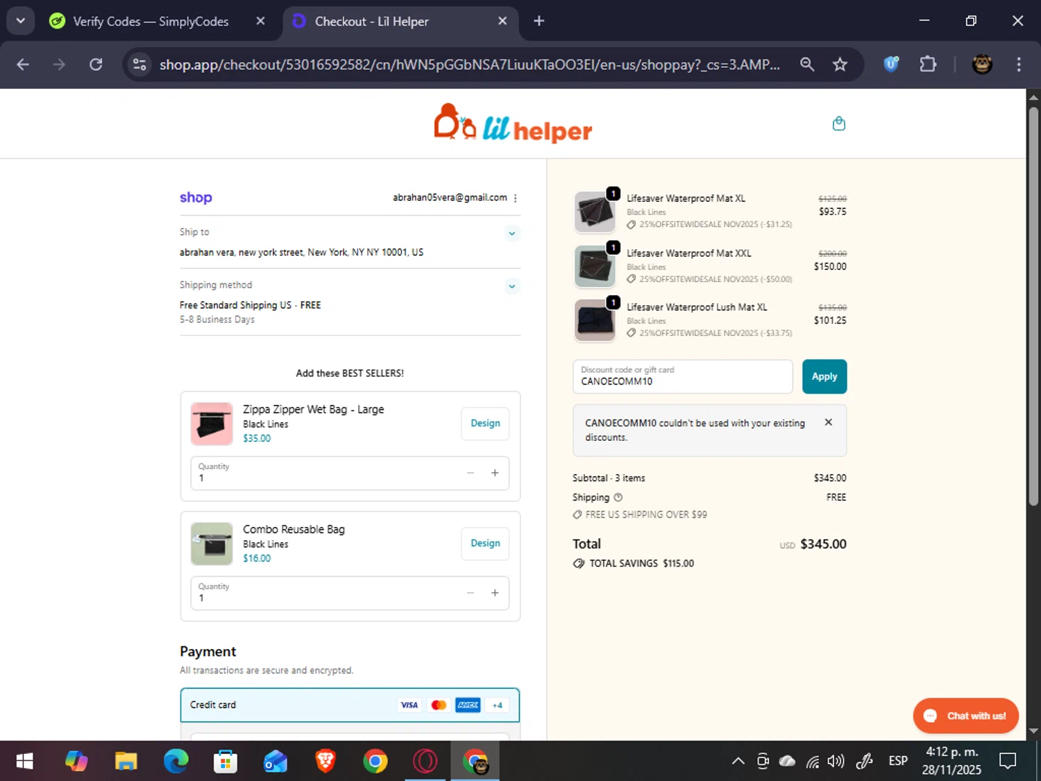 Lil Helper USA promo code screenshot showing code CANOECOMM10 applied at Lil Helper USA checkout page. Uploaded by SimplyCodes community member abrahanv on Nov 28, 2025