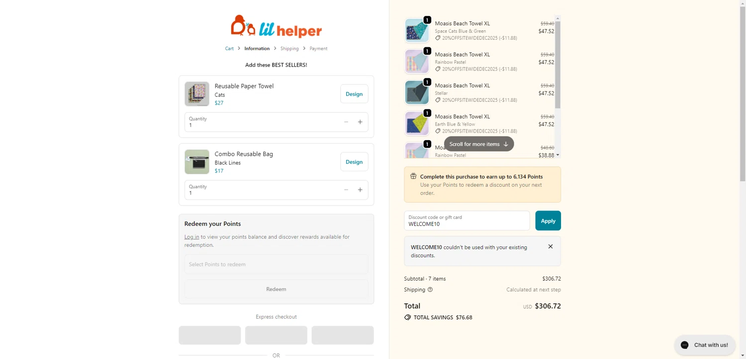 Lil Helper USA promo code screenshot showing code WELCOME10 applied at Lil Helper USA checkout page. Uploaded by SimplyCodes community member SwiftCurator4059 on Dec 4, 2025