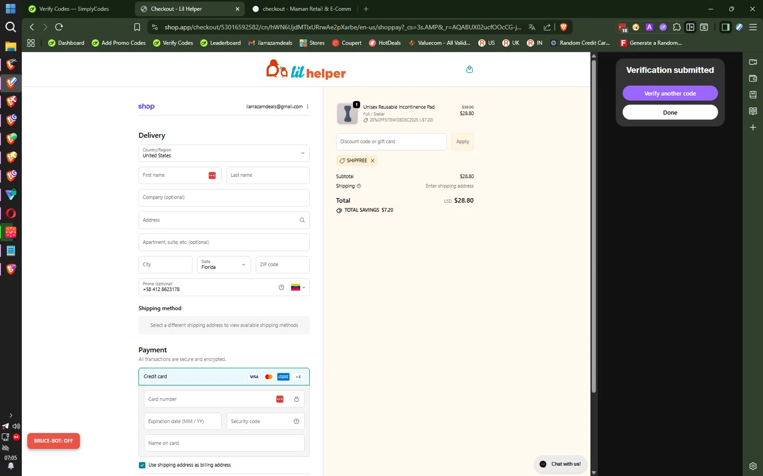 Lil Helper USA promo code screenshot showing code SHIPFREE applied at Lil Helper USA checkout page. Uploaded by SimplyCodes community member ilarrazaM2 on Dec 16, 2025
