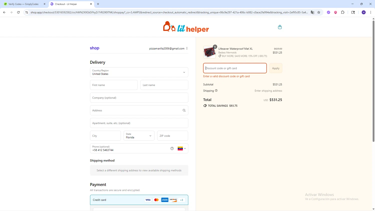Lil Helper USA promo code screenshot showing code Laborless applied at Lil Helper USA checkout page. Uploaded by SimplyCodes community member CRF250CC on Sep 3, 2025
