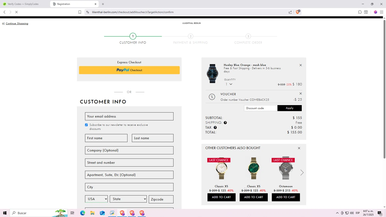 Lilienthal Berlin checkout page showing Lilienthal Berlin discount code box | Screenshot taken by SimplyCodes community member on Jul 26, 2025