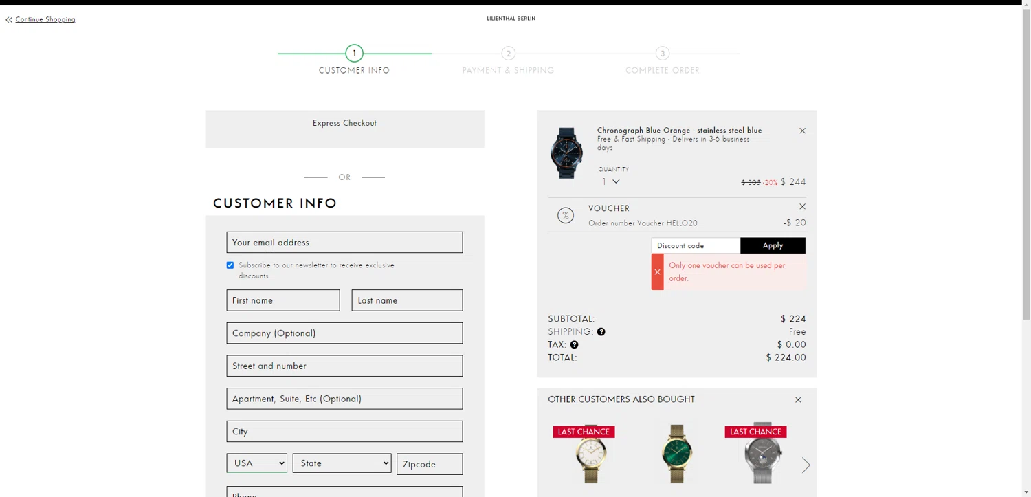 Lilienthal Berlin checkout page showing Lilienthal Berlin discount code box | Screenshot taken by SimplyCodes community member on Jul 17, 2025