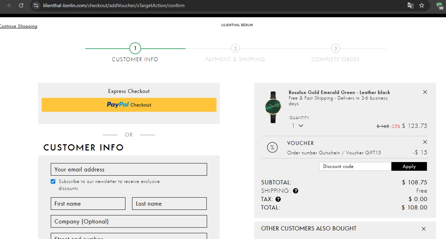 Lilienthal Berlin checkout page showing Lilienthal Berlin discount code box | Screenshot taken by SimplyCodes community member on Jul 19, 2025