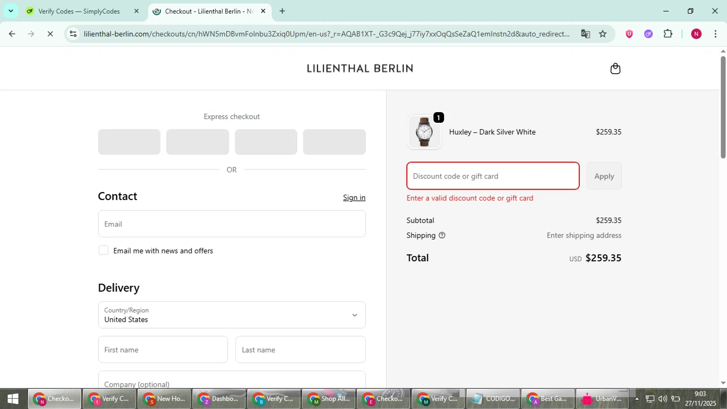 Lilienthal Berlin discount code screenshot showing code HUXLEY10 applied at Lilienthal Berlin checkout page. Uploaded by SimplyCodes community member CoinWizard8578 on Nov 27, 2025