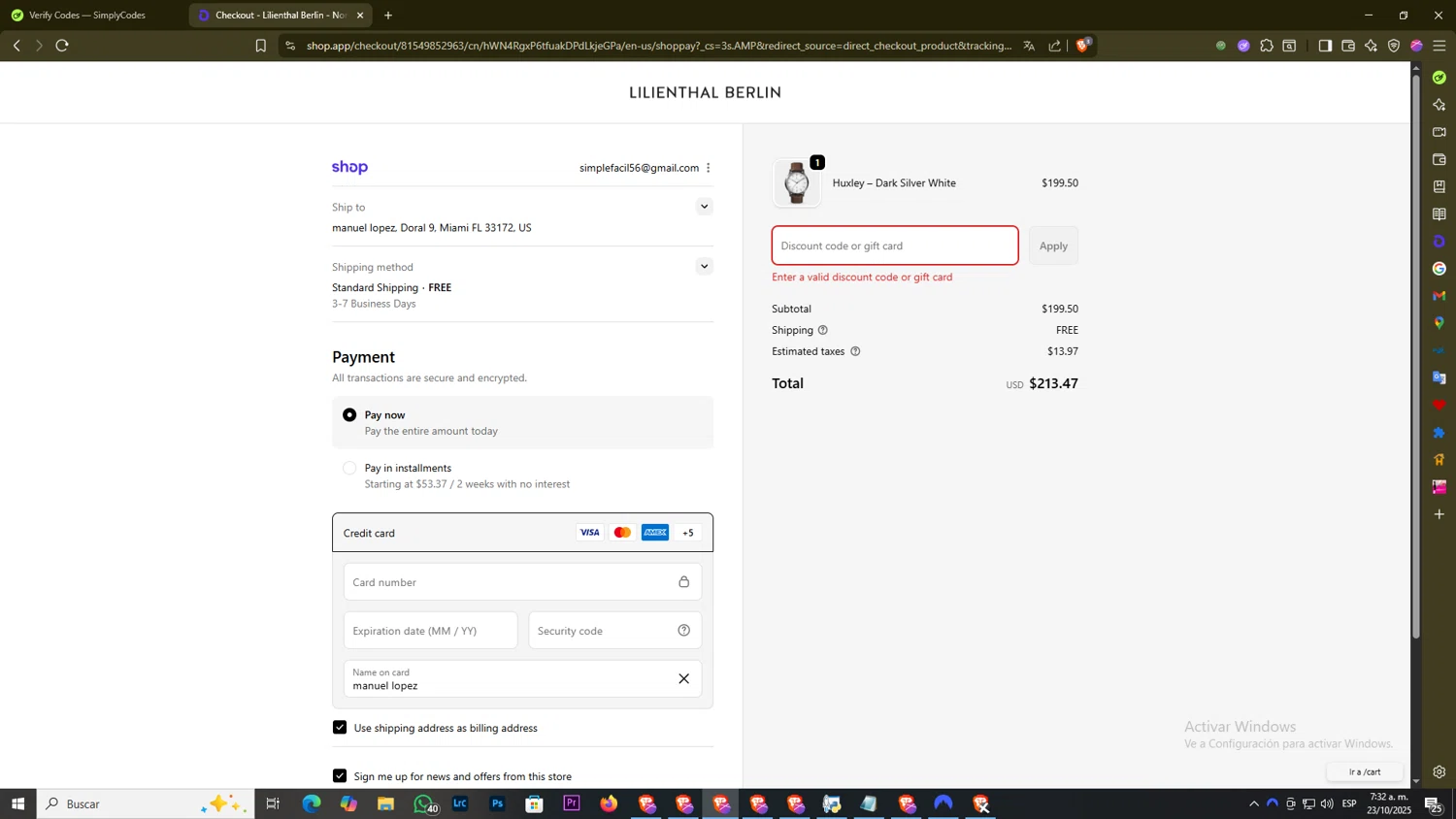 Lilienthal Berlin discount code screenshot showing code fall10 applied at Lilienthal Berlin checkout page. Uploaded by SimplyCodes community member DiscountExpert556 on Oct 23, 2025