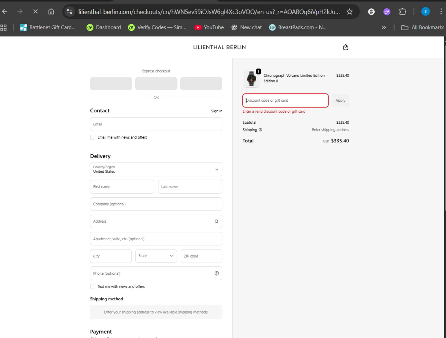 Lilienthal Berlin discount code screenshot showing code Blue10 applied at Lilienthal Berlin checkout page. Uploaded by SimplyCodes community member Giyuuu on Nov 24, 2025