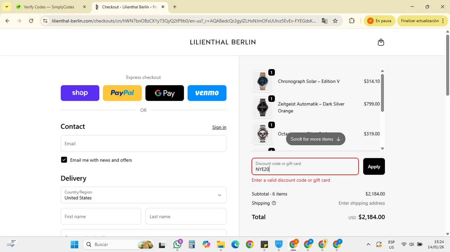 Lilienthal Berlin discount code screenshot showing code NYE20 applied at Lilienthal Berlin checkout page. Uploaded by SimplyCodes community member RebateSpotter7205 on Jan 14, 2026