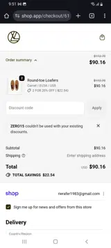 ZERO15 coupon verification screenshot