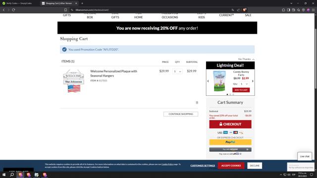 Lillian Vernon checkout page showing Lillian Vernon coupon code box | Screenshot taken by SimplyCodes community member on May 29, 2025
