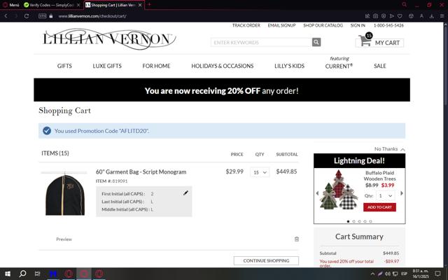 Lillian Vernon checkout page showing Lillian Vernon coupon code box | Screenshot taken by SimplyCodes community member on Jan 16, 2025