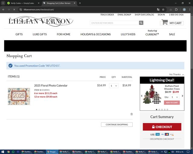 Lillian Vernon checkout page showing Lillian Vernon coupon code box | Screenshot taken by SimplyCodes community member on Jan 16, 2025